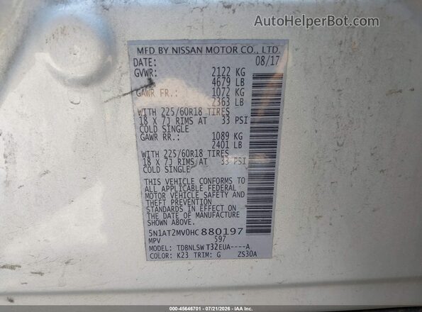 5N1AT2MV0HC880197 2017 NISSAN ROGUE Silver Vista del compartimento del motor