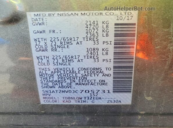 5N1AT2MV0JC705731 2018 NISSAN ROGUE Gray VIN კოდის სტიკერის ხედი