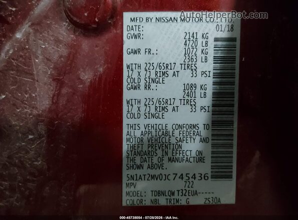 5N1AT2MV0JC745436 2018 NISSAN ROGUE Red Vista del compartimento del motor