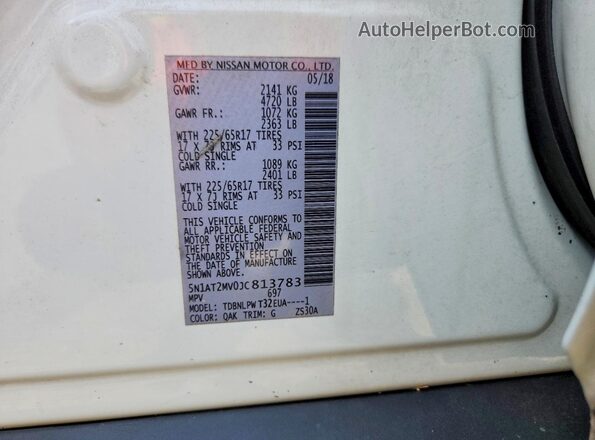 5N1AT2MV0JC813783 2018 NISSAN ROGUE White VIN sticker view