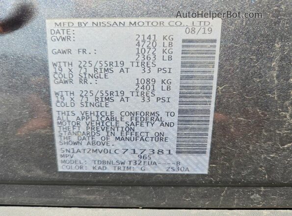 5N1AT2MV0LC717381 2020 NISSAN ROGUE Silver Vista de la etiqueta del VIN