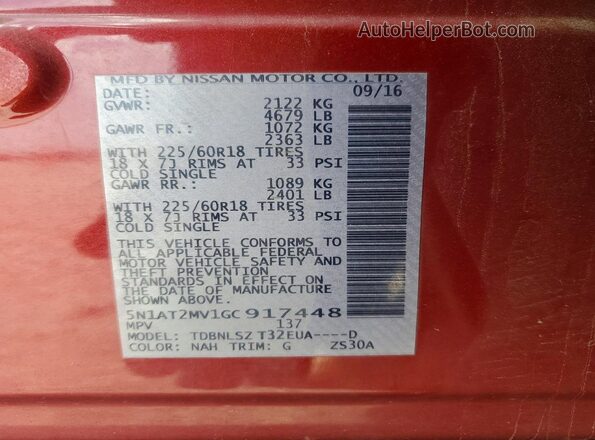 5N1AT2MV1GC917448 2016 NISSAN ROGUE Red VIN sticker view