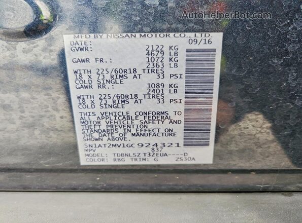 5N1AT2MV1GC924321 2016 NISSAN ROGUE Blue VIN կոդի պիտակի տեսք