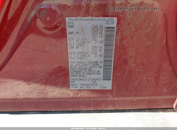 5N1AT2MV1JC754937 2018 NISSAN ROGUE Red Շարժիչի բաժամունքի տեսք