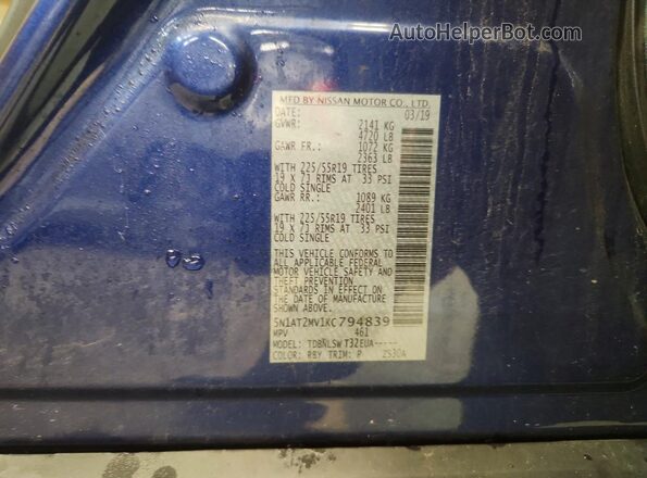 5N1AT2MV1KC794839 2019 NISSAN ROGUE Синий Вид наклейки с VIN-кодом
