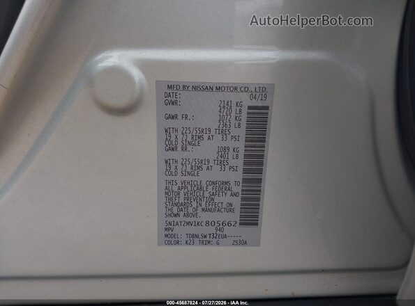 5N1AT2MV1KC805662 2019 NISSAN ROGUE Silver Вид підкапотного простору