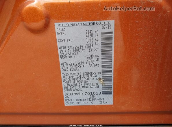 5N1AT2MV1LC701013 2020 NISSAN ROGUE Orange Շարժիչի բաժամունքի տեսք