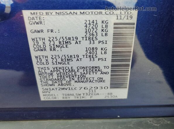 5N1AT2MV1LC762930 2020 NISSAN ROGUE Blue Widok naklejki z numerem VIN