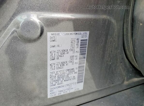 5N1AT2MV2GC782772 2016 NISSAN ROGUE Gray VIN կոդի պիտակի տեսք