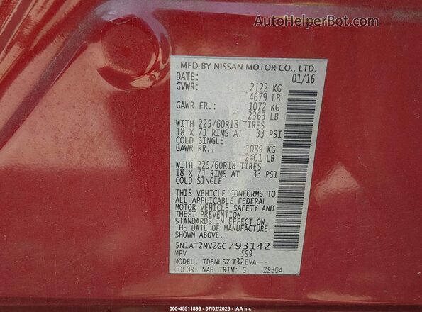 5N1AT2MV2GC793142 2016 NISSAN ROGUE Red Widok komory silnika