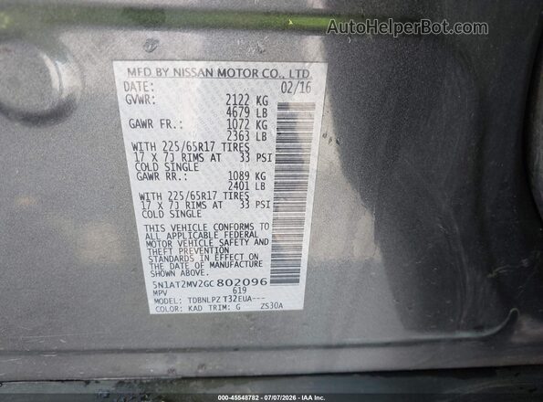5N1AT2MV2GC802096 2016 NISSAN ROGUE Gray Vista del compartimento del motor