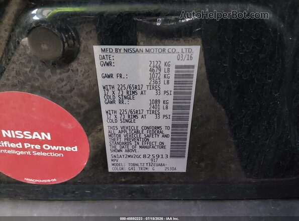5N1AT2MV2GC825913 2016 NISSAN ROGUE Black Widok komory silnika