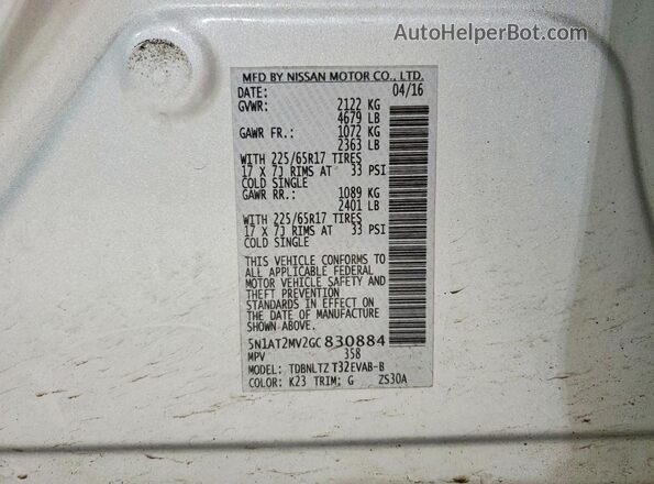 5N1AT2MV2GC830884 2016 NISSAN ROGUE Silver VIN sticker view