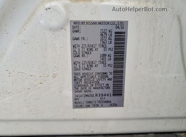 5N1AT2MV2GC839441 2016 NISSAN ROGUE White VIN კოდის სტიკერის ხედი
