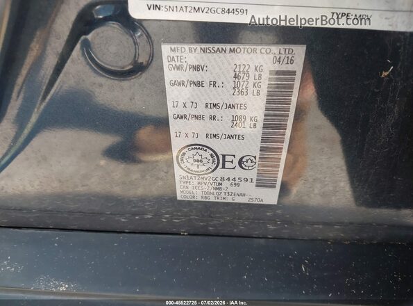 5N1AT2MV2GC844591 2016 NISSAN ROGUE Dark Blue Вид підкапотного простору