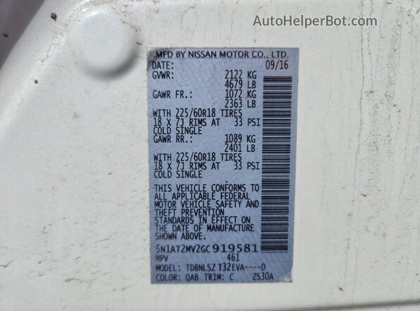 5N1AT2MV2GC919581 2016 NISSAN ROGUE White VIN კოდის სტიკერის ხედი
