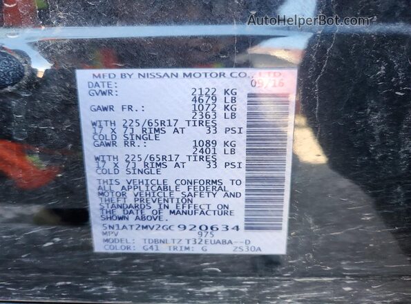 5N1AT2MV2GC920634 2016 NISSAN ROGUE Black VIN კოდის სტიკერის ხედი