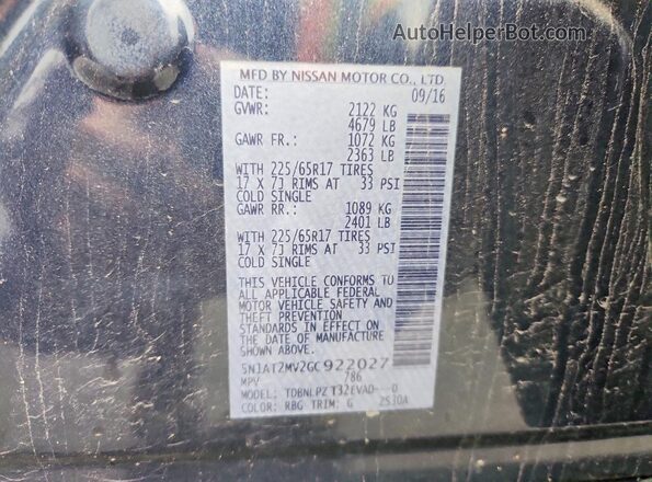 5N1AT2MV2GC922027 2016 NISSAN ROGUE Blue VIN კოდის სტიკერის ხედი