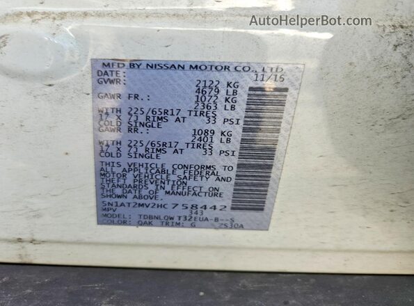 5N1AT2MV2HC758442 2017 NISSAN ROGUE White Widok naklejki z numerem VIN