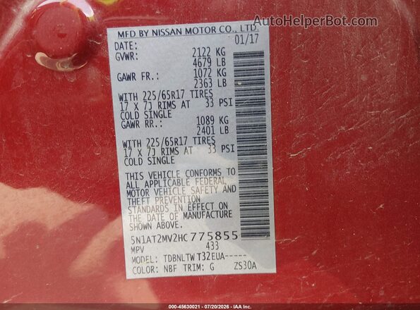 5N1AT2MV2HC775855 2017 NISSAN ROGUE Red Շարժիչի բաժամունքի տեսք