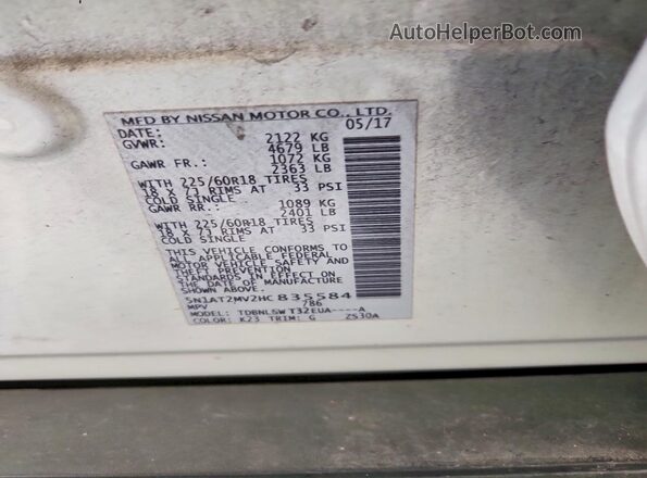 5N1AT2MV2HC835584 2017 NISSAN ROGUE Silver VIN կոդի պիտակի տեսք