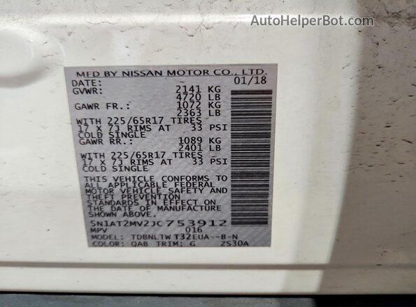 5N1AT2MV2JC753912 2018 NISSAN ROGUE Белый Вид наклейки с VIN-кодом