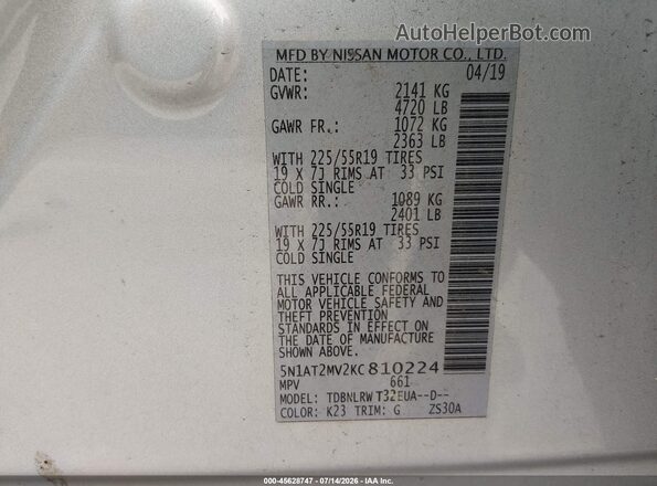 5N1AT2MV2KC810224 2019 NISSAN ROGUE Gray Շարժիչի բաժամունքի տեսք