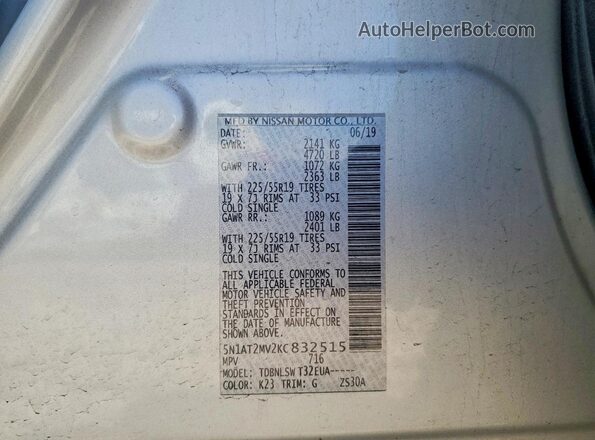 5N1AT2MV2KC832515 2019 NISSAN ROGUE Silver VIN კოდის სტიკერის ხედი
