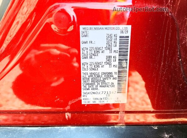 5N1AT2MV2LC721142 2020 NISSAN ROGUE Red VIN կոդի պիտակի տեսք
