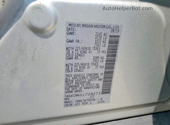 5N1AT2MV2LC729273 2020 NISSAN ROGUE Silver VIN կոդի պիտակի տեսք