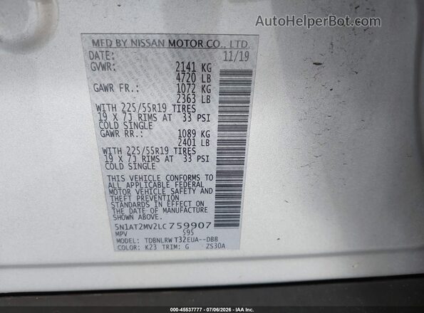 5N1AT2MV2LC759907 2020 NISSAN ROGUE Silver Вид підкапотного простору