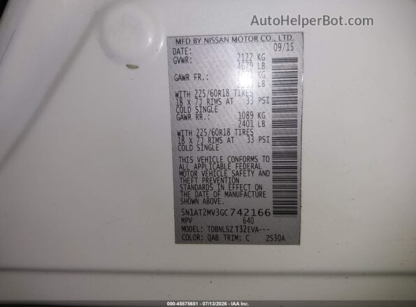 5N1AT2MV3GC742166 2016 NISSAN ROGUE White Вид підкапотного простору