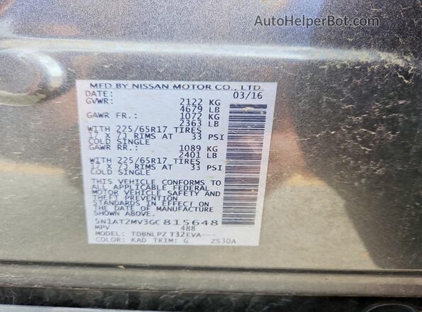 5N1AT2MV3GC815648 2016 NISSAN ROGUE Gray Widok naklejki z numerem VIN