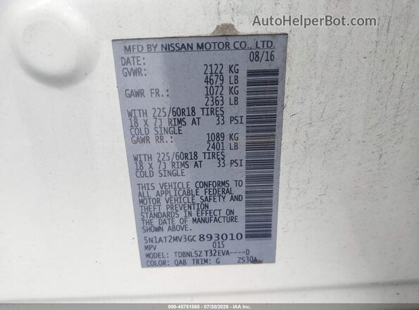 5N1AT2MV3GC893010 2016 NISSAN ROGUE White Vista del compartimento del motor