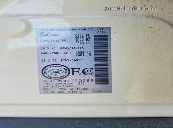 5N1AT2MV3HC770289 2017 NISSAN ROGUE White Vista de la etiqueta del VIN