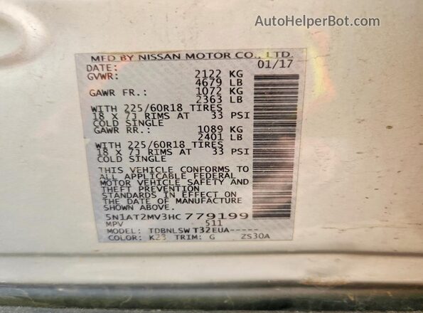 5N1AT2MV3HC779199 2017 NISSAN ROGUE Silver Вид наклейки з VIN-кодом