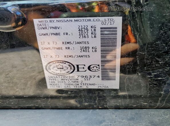 5N1AT2MV3HC796374 2017 NISSAN ROGUE Black Вид наклейки з VIN-кодом