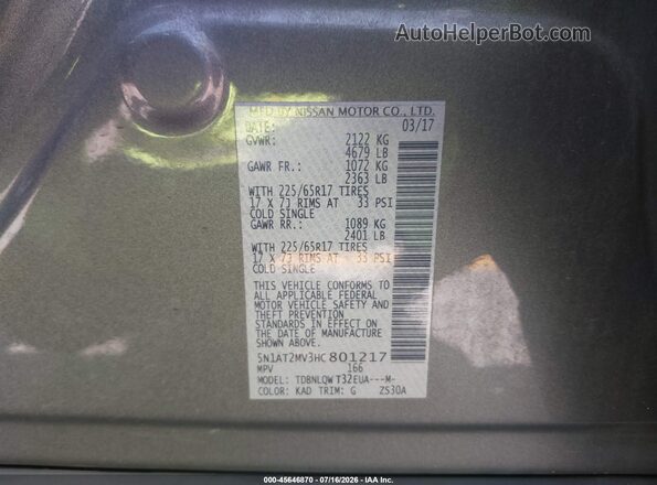 5N1AT2MV3HC801217 2017 NISSAN ROGUE Gray Widok komory silnika
