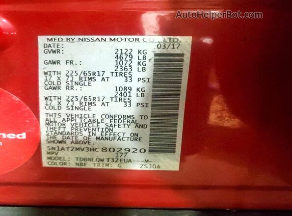 5N1AT2MV3HC802920 2017 NISSAN ROGUE Red Vista de la etiqueta del VIN