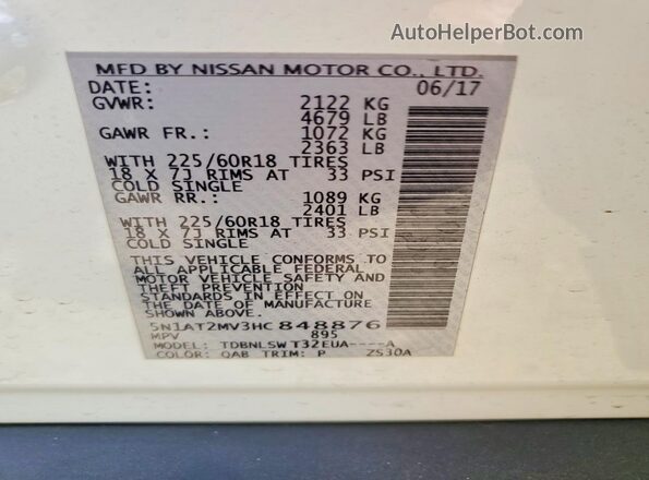 5N1AT2MV3HC848876 2017 NISSAN ROGUE White Vista interior de 360 grados