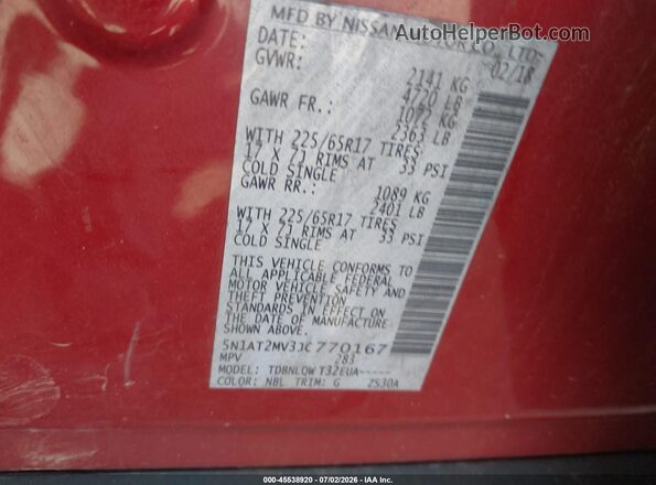 5N1AT2MV3JC770167 2018 NISSAN ROGUE Red Widok komory silnika