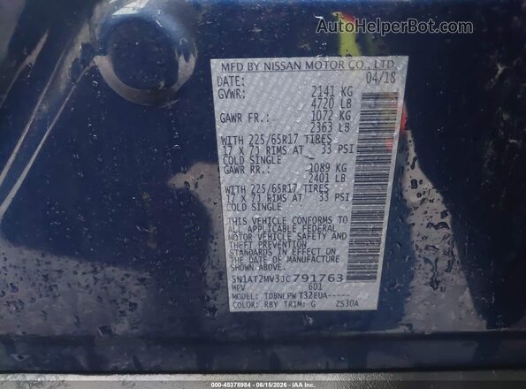 5N1AT2MV3JC791763 2018 NISSAN ROGUE Blue Շարժիչի բաժամունքի տեսք