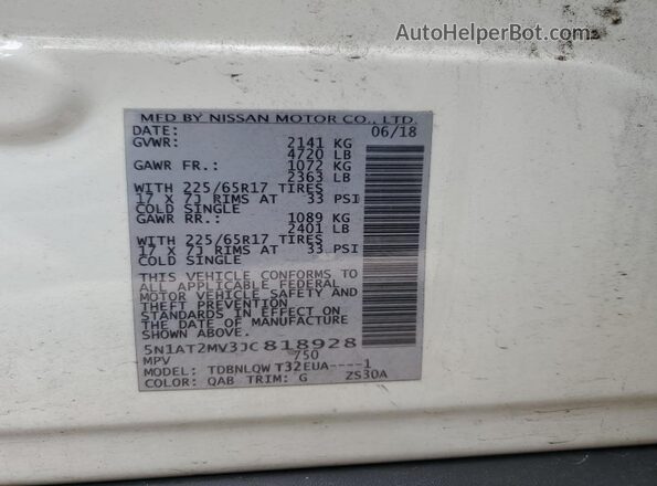 5N1AT2MV3JC818928 2018 NISSAN ROGUE White Widok naklejki z numerem VIN