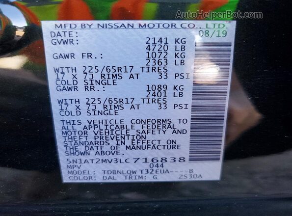 5N1AT2MV3LC716838 2020 NISSAN ROGUE Green VIN კოდის სტიკერის ხედი
