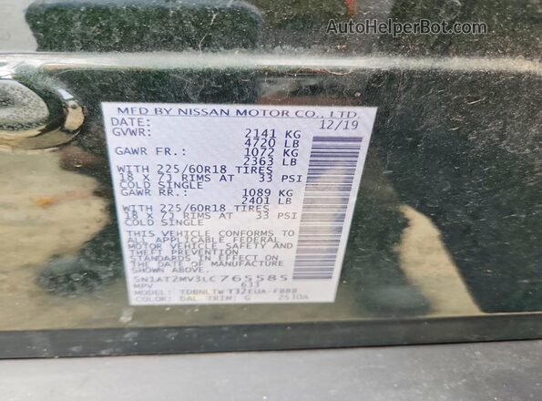 5N1AT2MV3LC765585 2020 NISSAN ROGUE Green Vista de la etiqueta del VIN