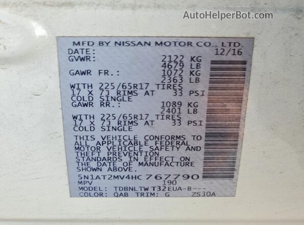 5N1AT2MV4HC767790 2017 NISSAN ROGUE White Вид наклейки з VIN-кодом