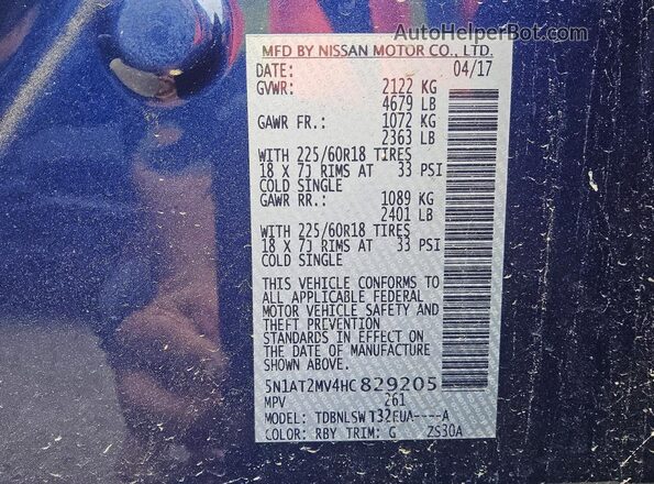 5N1AT2MV4HC829205 2017 NISSAN ROGUE Blue VIN sticker view
