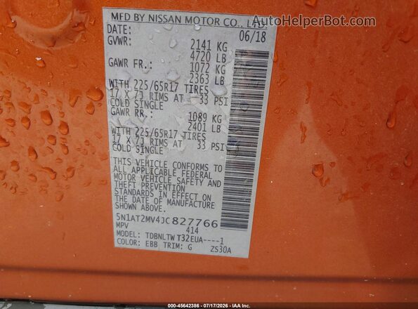 5N1AT2MV4JC827766 2018 NISSAN ROGUE Orange Շարժիչի բաժամունքի տեսք