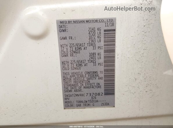 5N1AT2MV4KC737082 2019 NISSAN ROGUE White ძრავის განყოფილების ხედი