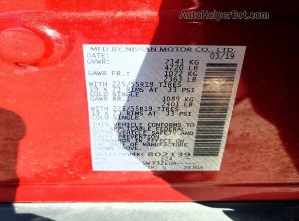 5N1AT2MV4KC802139 2019 NISSAN ROGUE Red Widok naklejki z numerem VIN